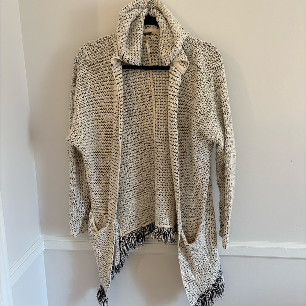 Free People Cream and Black Open Knit Fringe Cardigan